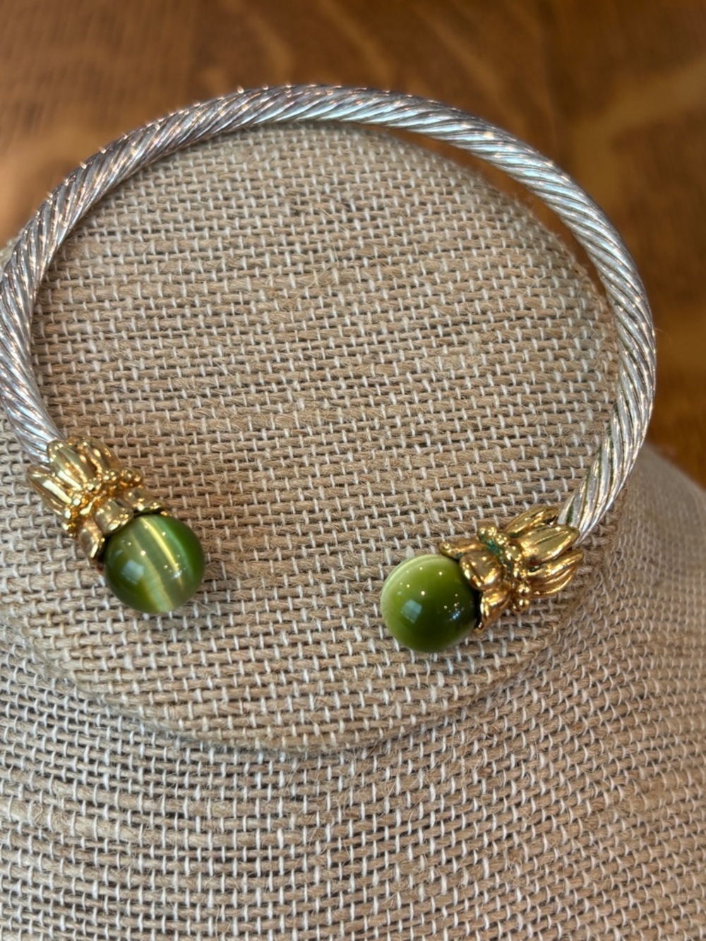 Gold and Silver Tone Cable Cuff Bracelet with Green Stone Ends